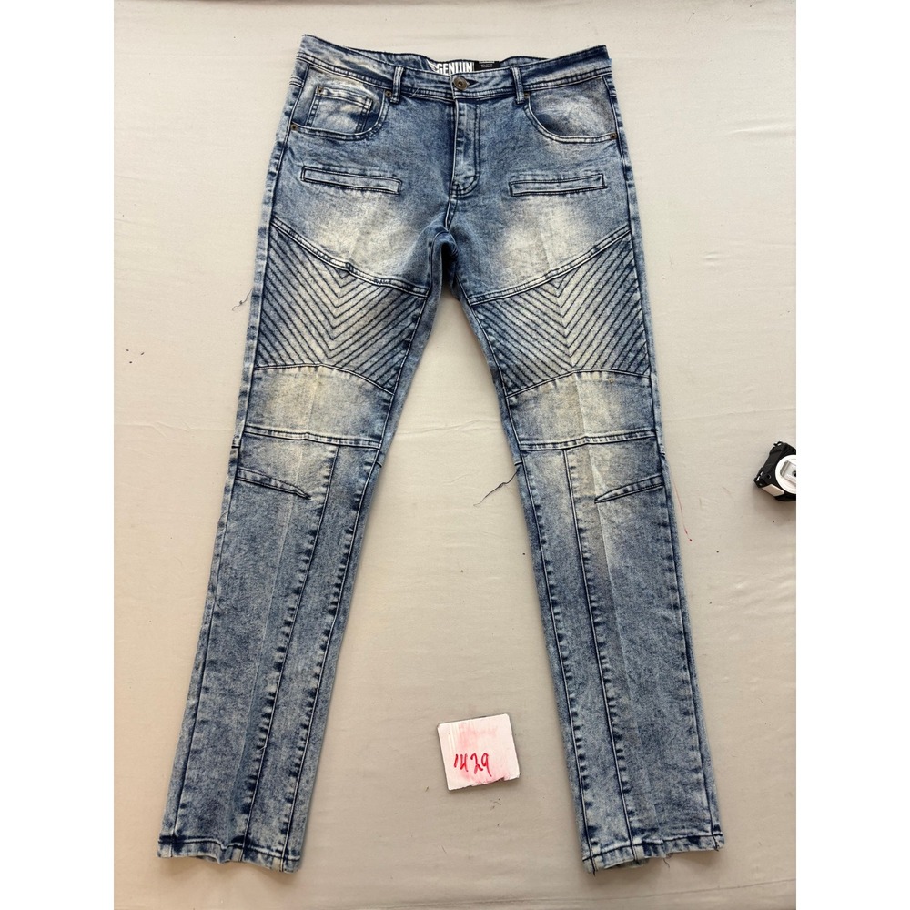Genuine Authentic Garments Mens 32x32 Moto Biker Acid Wash Slim Denim Jeans Blue